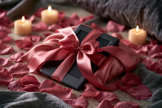 Romantic Gift Box Wrapped with Satin Ribbon on Silk Fabric with Rose Petals and Candlelight