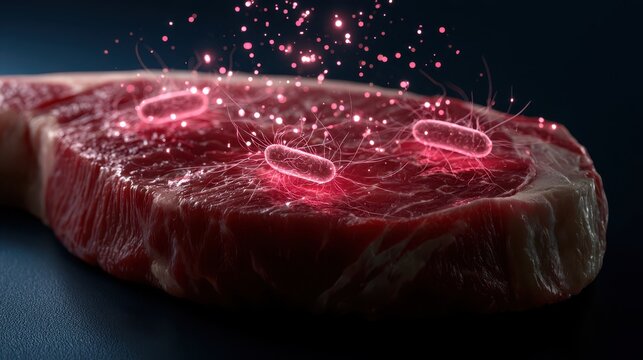 Harmful Bacteria Contaminating Raw Beef Meat 3D Illustration of Foodborne Pathogen and Food Safety Risk