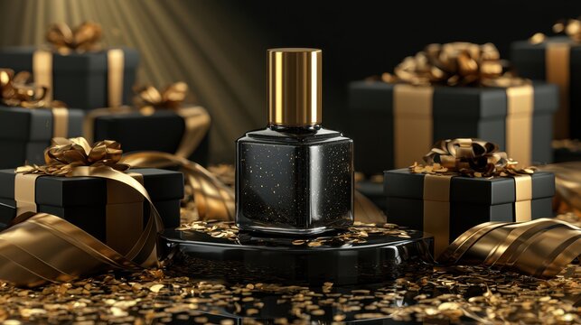 Luxury Black Perfume Bottle Mockup Surrounded by Elegant Gift Boxes and Golden Decorations