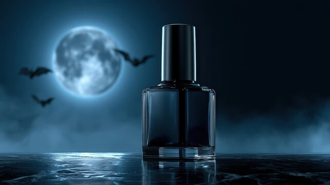 Halloween Nail Polish Mockup with Dark Glass Bottle Under Full Moon and Flying Bats