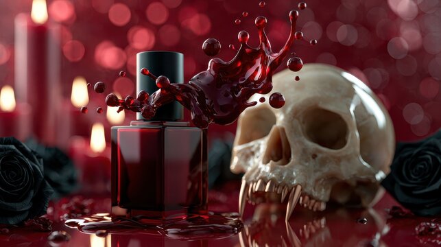 Halloween Nail Polish Mockup with Skull Black Roses and Dramatic Red Liquid Splash
