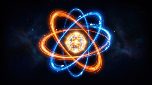 Glowing atomic energy sphere with orbiting electrons in deep space