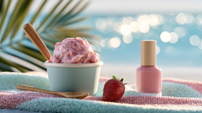 Pastel Pink Nail Polish Mockup with Strawberry Ice Cream on Sunny Beach