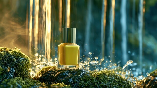 Natural Green Nail Polish Mockup in Forest Waterfall with Fresh Botanical Beauty Concept
