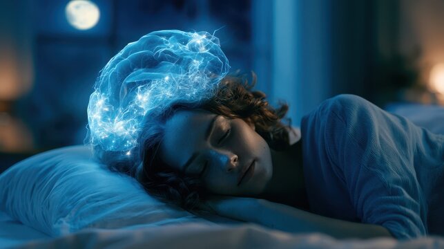Sleeping Woman with Glowing Brain Visualization Illustrating Memory Learning and Healthy Sleep