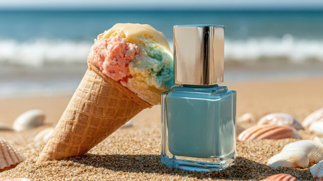 Pastel Blue Nail Polish Mockup with Colorful Ice Cream Cone on Sandy Beach