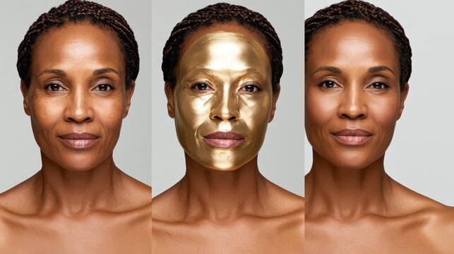 Gold Facial Mask Before and After Anti Aging Skincare Treatment on Mature Black Woman