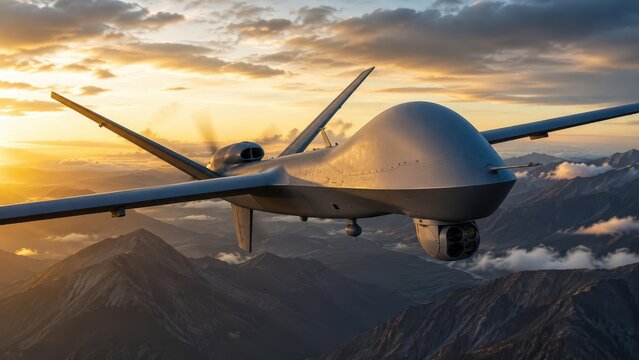Next Generation Military Surveillance Drone Flying Above Mountain Landscape at Sunset