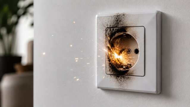 Burned Electrical Outlet with Sparks Showing Dangerous Short Circuit and Fire Hazard