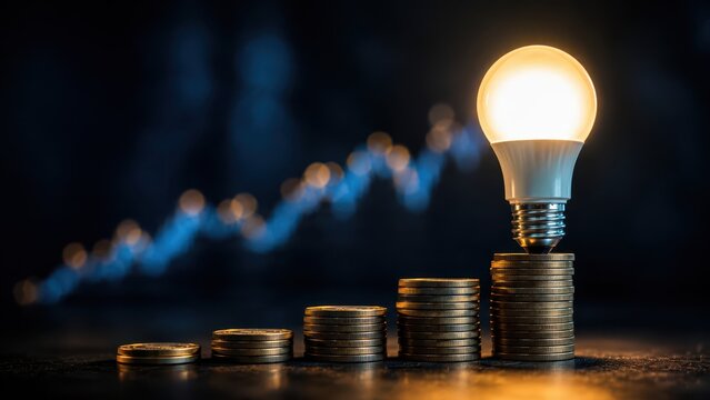 Rising Electricity Prices and Energy Cost Increase Concept with Light Bulb and Stacked Coins