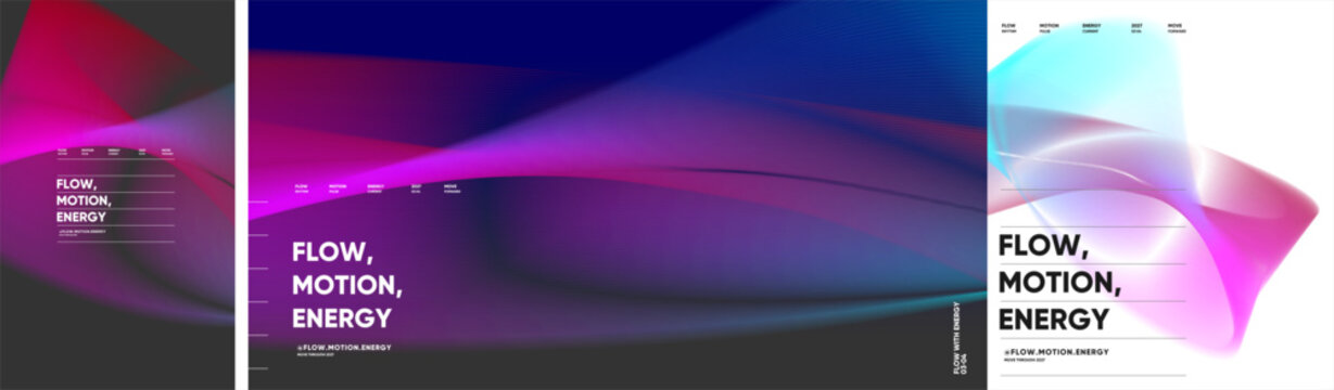 Design collection of abstract posters with flowing translucent wave patterns and bold typography reading &ldquo;Flow, Motion, Energy&rdquo; against dark and light graphic backgrounds.