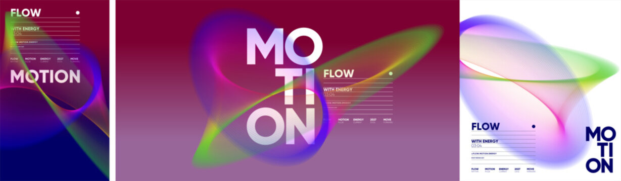 Design collection of editorial posters featuring flowing translucent wave forms, bold motion typography, fine grid lines, and contrasting light and dark backgrounds.