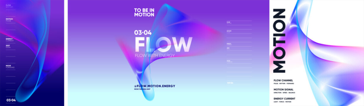 Abstract design collection features flowing translucent wave forms, bold motion typography, and fine linear details across luminous gradient poster layouts.