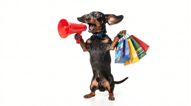funny black and tan dachshund shouting into a red megaphone while standing with colorful shopping bags on white background