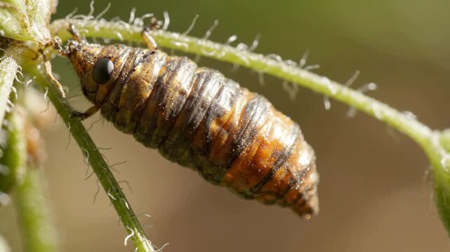Macro close-up of a beetle pupa on a green plant stem in nature insect metamorphosis