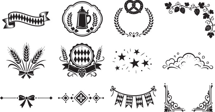 Oktoberfest vector set with beer mug, pretzel and ornaments