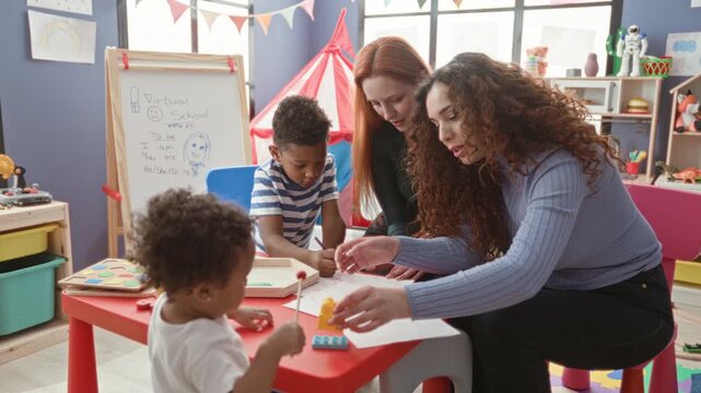 Women teachers handing a toy and guiding a little boy with hand while another child draws on paper at a red table in classroom building; nurturing learning.