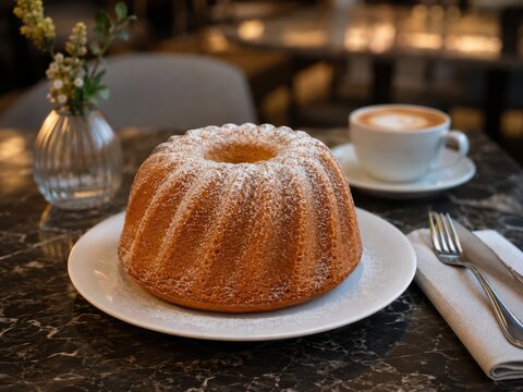 Klassischer Gugelhupf mit feinem Puderzucker auf wei&szlig;em Teller, stilvoll zu Kaffee im Caf&eacute; serviert &ndash; traditioneller deutscher R&uuml;hrkuchen in warmer, eleganter Restaurantatmosph&auml;re.