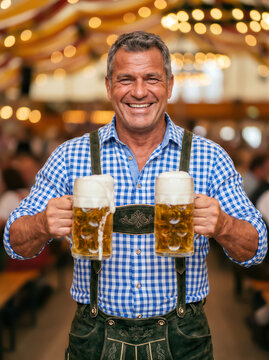 Smiling man in blue checkered shirt and lederhosen holding two large beer mugs at crowded Oktoberfest festival tent. Bavarian carnival Oktoberfest festival celebrating concept with copy-space.