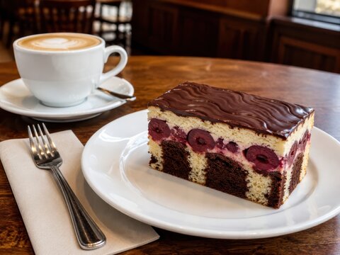 Klassische Donauwelle mit Kirschen, heller Creme, Schokoladenglasur und zweifarbigem Teig auf wei&szlig;em Teller, stilvoll zu Kaffee in gem&uuml;tlicher Caf&eacute;atmosph&auml;re serviert.