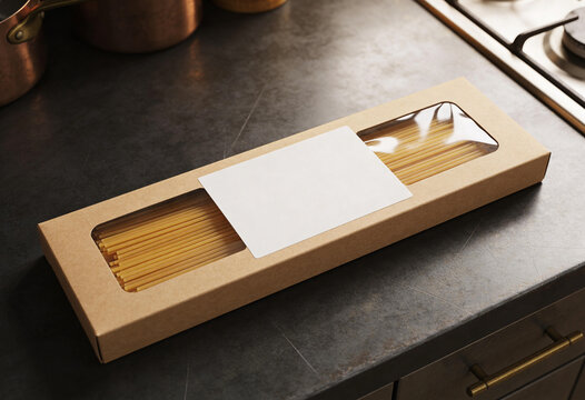 Spaghetti box mockup, pasta packaging, kraft paper box, food package, blank mock up, raw pasta, kitchen counter, cardboard box, Italian food, product container, template display, clear window box.