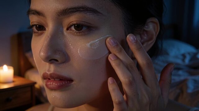 Reacting to cheek dollop, woman in strappy top spreading cream across face using fingers at bedside