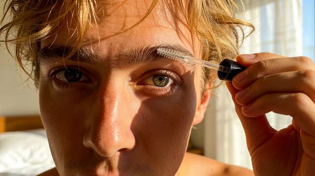 Bringing spoolie toward brow, bare-chested man grooming eyebrows in bedroom to shape hairs