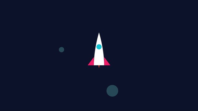 Minimalist rocket ship launch animation in space, flat for tech and startup concepts 4k