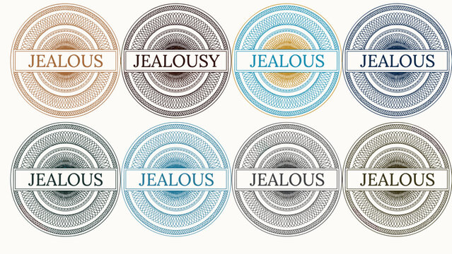 Circular rosette stamp badges with jealous and jealousy text set.