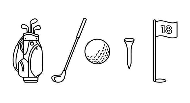 Golf equipment collection black line silhouettes on transparent background