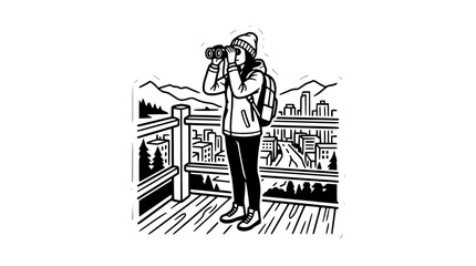 Adventurous woman traveler looking through binoculars from observation deck at city and mountain view