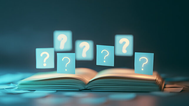 A broad view of a serene knowledge base guide concept, softly glowing with bright question tags, against a faceless backdrop, defocused softly