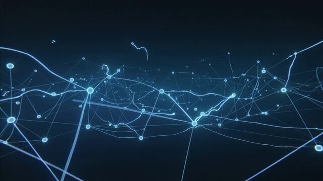 Pulsing central node initiating network lighting across navy backdrop, mapping flow with filaments
