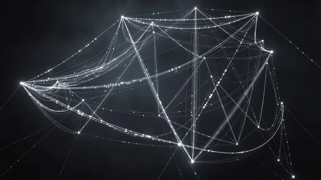 Panning camera, zoom revealing luminous web reconfiguring in smoky dark void, nodes forming panels
