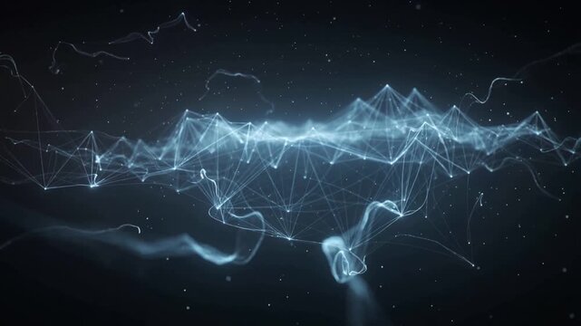 Pulsing mesh releasing luminous nodes, sending glowing strands and ribbon trails, visualizing data