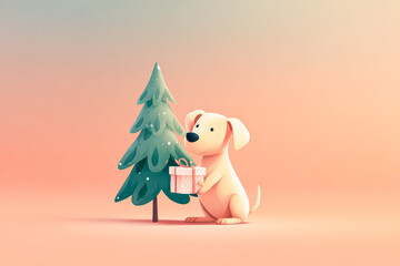 Naklejka premium Cute Cartoon Dog Holding Gift Beside Christmas Tree