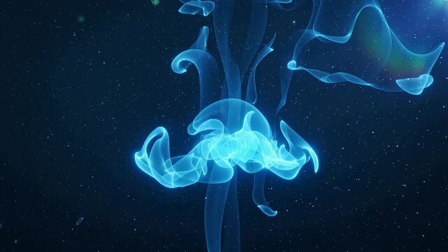 Sparking from bottom, luminous blue filament rising in space, forming bloom and drifting ribbons