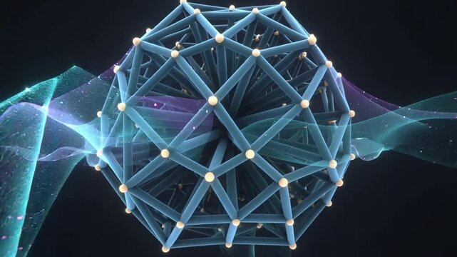 Rotating blue geodesic sphere reacting to incoming ribbon in dark space, revealing glowing nodes
