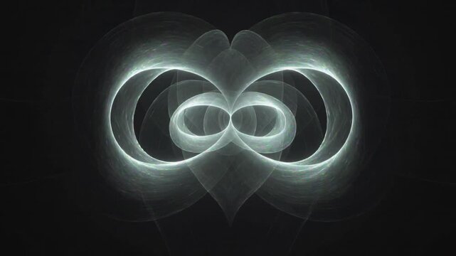 Evolving GPU glowing form unfurling into ribbon loops around bright core over faint mirror in void