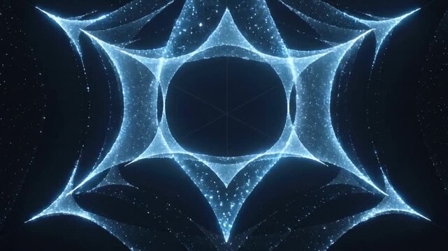 Forming centered luminous particle mandala pulsing from bright core in dark void, revealing star