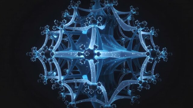 Rotating glowing blue fractal across frames revealing inner ribbons and moving specks in void