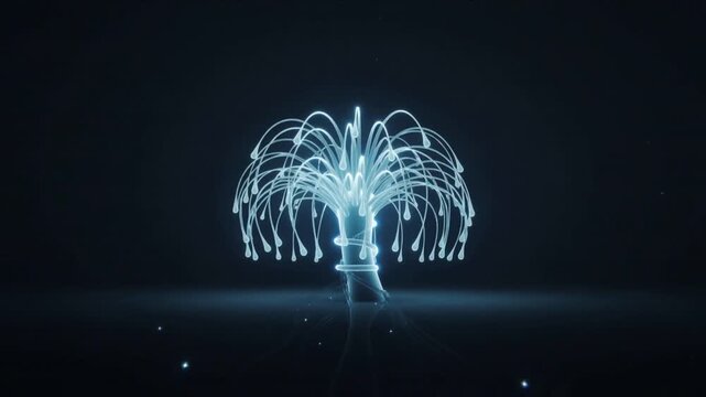 Receiving ribbon, central lit fountain bending tendrils and ejecting particle ring in dark studio