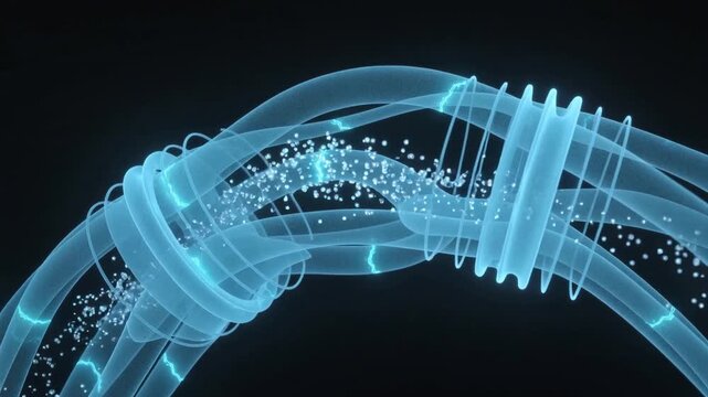 Rotating tubular arcs revealing form after camera shift in dark gradient, with particles and coils