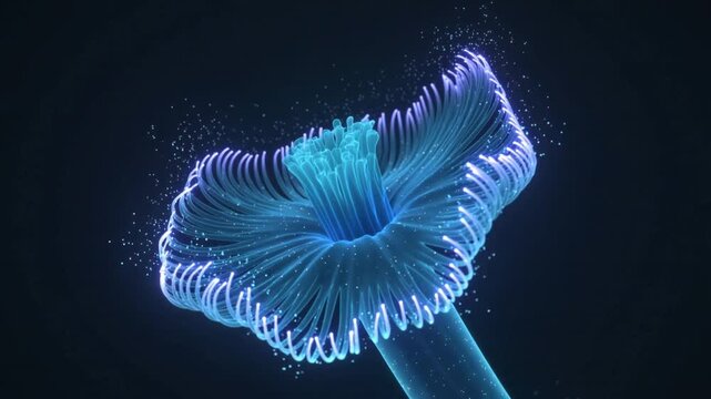 Undulating luminous filamentous form responding to frames, rotating and emitting particles in void
