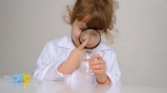 Laboratory examination of a child with test tubes, reagents and a microscope. Selective focus.