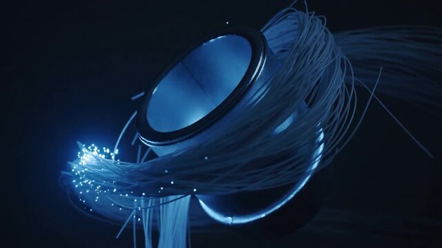 Pulsing light causing metal torus wrapped in fiber strands rotating in studio, emitting blue sparks