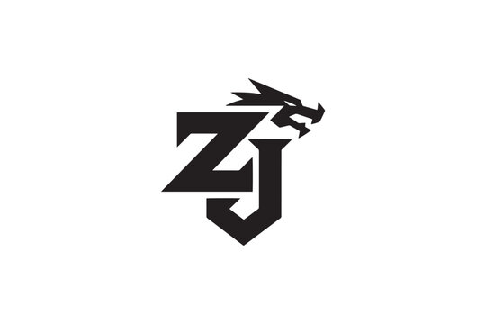 Modern zj logo design featuring a fierce dragon head integrated with bold typography