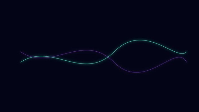 Abstract neon wave lines animation, glowing teal and purple sine waves on dark 4k background