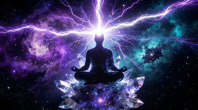 Meditative silhouette in cosmic energy with crystals and lightning in space