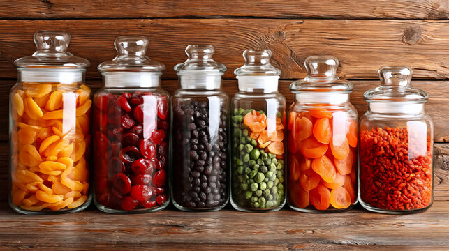 Colorful assorted dried fruits and vegetables in jars on rustic wooden background